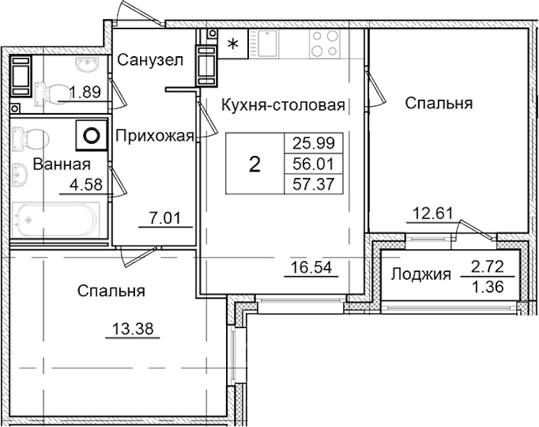 2-комнатная квартира 57.37 м², 2/9 эт., ЖК «Квартал Заречье»
